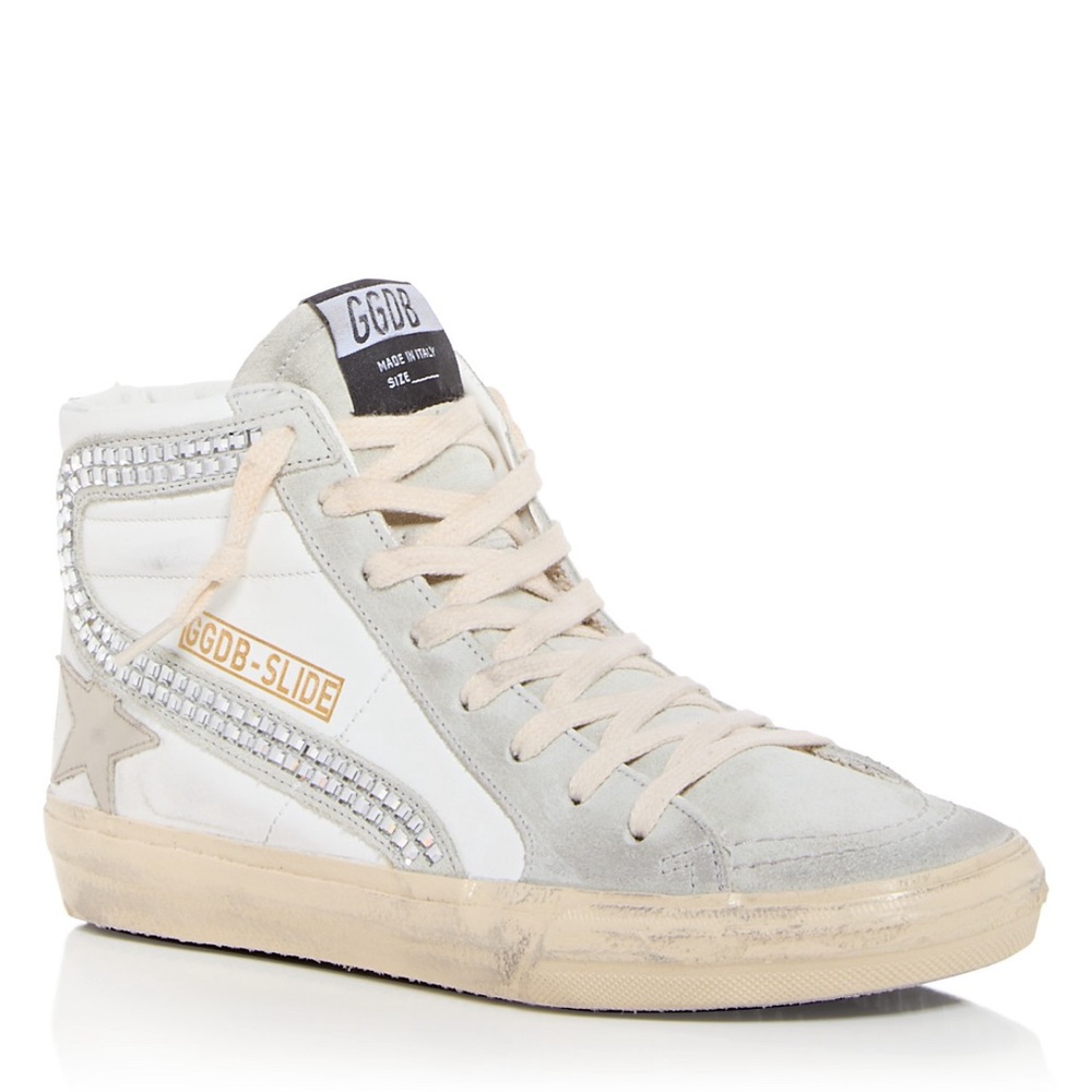 Golden Goose Slide Sneakers High-Top White Swarovski Taupe NWT Auth